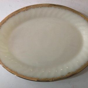 Vintage White Milk Glass Plate With Gold Plated Trim. 12” long